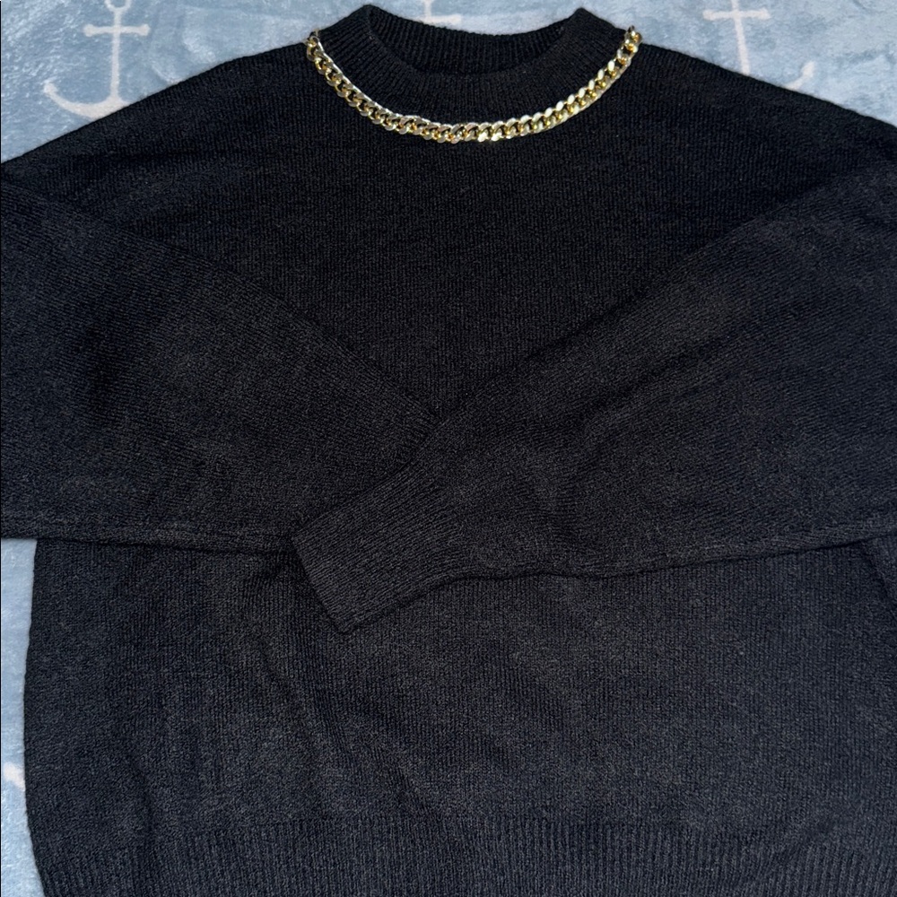 H&M Black Sweater with Gold Chain Accent